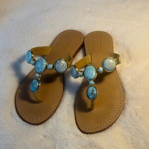Mystique Women's Flat Thong Sandals with Tourquoise  Stone Accents Size 8